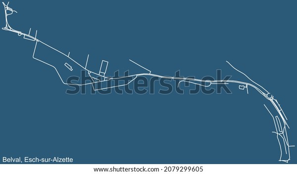 Detailed technical drawing navigation urban\
street roads map on blue background of the district Belval Quarter\
of the Luxembourgish regional capital city of Esch-sur-Alzette,\
Luxembourg