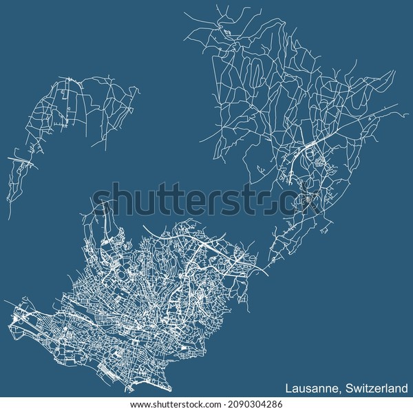 Detailed technical drawing navigation urban\
street roads map on blue background of Swiss regional capital city\
of Lausanne,\
Switzerland