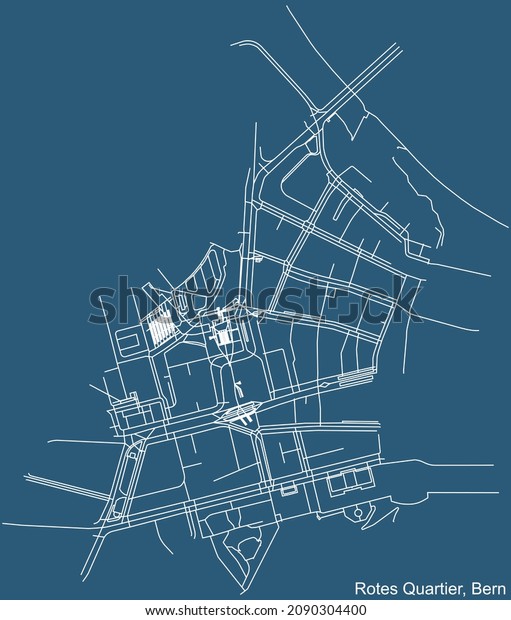 Detailed technical\
drawing navigation urban street roads map on blue background of the\
district Rotes Quartier Quarter of the Swiss capital city of Bern,\
Switzerland