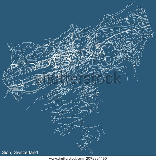 Detailed technical drawing navigation urban\
street roads map on blue background of Swiss regional capital city\
of Sion, Switzerland