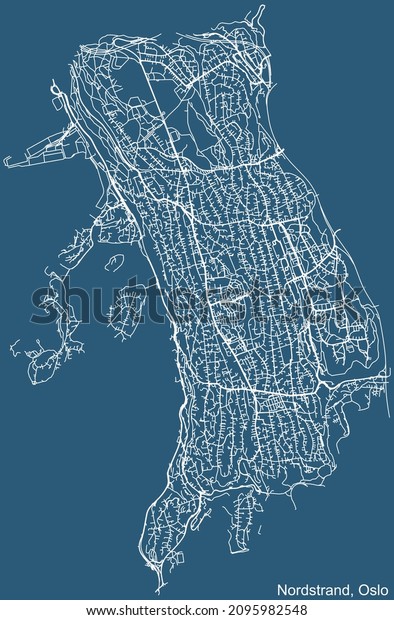 Detailed technical drawing\
navigation urban street roads map on blue background of the quarter\
Nordstrand Borough of the Norwegian capital city of Oslo,\
Norway