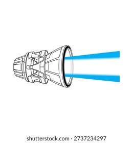 Detailed technical drawing of a nozzle or pipe emitting two bright blue beams of light or energy showcasing industrial design and futuristic technology