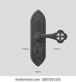 A detailed technical drawing of an ornate gothic style door handle with measurements in millimeters on a light gray background.
