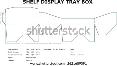 Detailed technical drawing of a shelf display tray box illustrating dimensions measurements and material properties for construction purposes