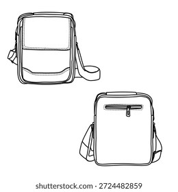 Desenho técnico detalhado mostrando o design de uma bolsa de ombro com um bolso de aba frontal e um bolso de zíper traseiro, perfeito para design de moda ou desenvolvimento de produtos.