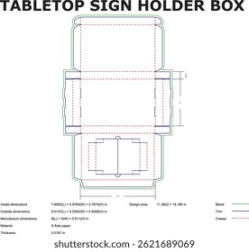 Dessin technique détaillé d'une boîte porte-enseigne de table avec les dimensions et les détails de construction décrivant les différentes zones de pliage pour l'impression et la fabrication.