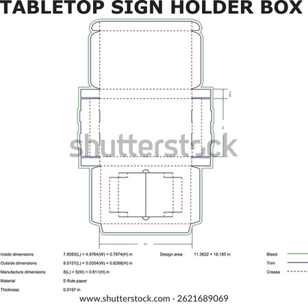 Detailed technical drawing of a tabletop sign holder box with dimensions and construction details outlining the various folding areas for printing and manufacturing.