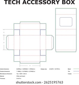 Detailed technical drawing of a tech accessory box design showing measurements and dimensional specifications