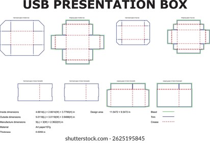 Detailed technical drawing of a usb presentation box with dimensions and cutting layout.