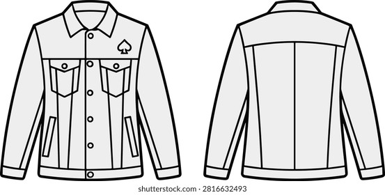 Detailed technical flat illustration of a timeless denim jacket, presenting its front and back with all characteristic elements like buttons, pockets, and a collar. Perfect for fashion development.