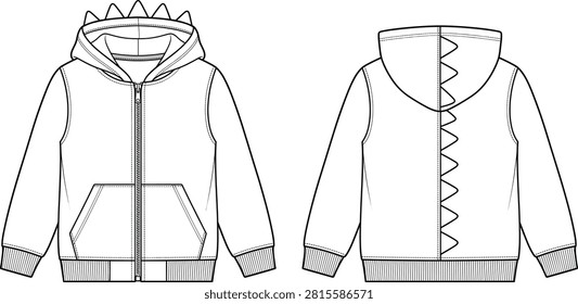 A detailed technical flat sketch vector of a children's zip-up hoodie featuring 3D dinosaur spikes along the hood and back seam. Ideal for fashion design tech packs, kids apparel manufacturing, line sheets, and clothing mockups.