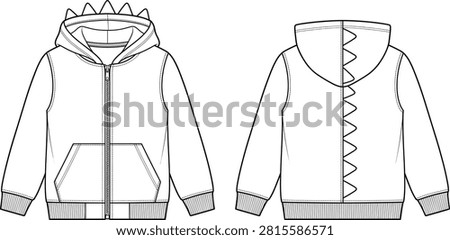 A detailed technical flat sketch vector of a children's zip-up hoodie featuring 3D dinosaur spikes along the hood and back seam. Ideal for fashion design tech packs, kids apparel manufacturing, line sheets, and clothing mockups.