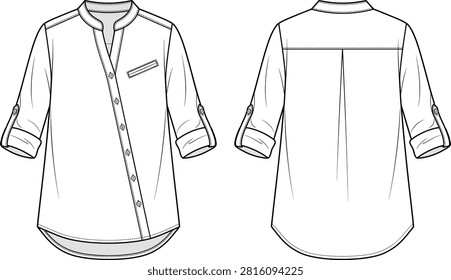 A detailed technical flat sketch of a women's roll-up sleeve tunic shirt in front and back views, featuring an asymmetrical button placket, Mandarin collar, and chest welt pocket. Ideal for fashion tech packs, garment manufacturing design templates, and casual wear vector illustrations.