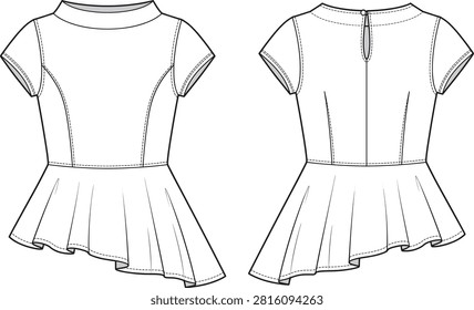 A detailed technical flat sketch of a women's short-sleeve asymmetrical peplum blouse shown in front and back views, featuring a stand-up collar, keyhole back closure, and princess seam details. Perfect for apparel design, fashion tech packs, garment manufacturing templates, and elegant womenswear collections.