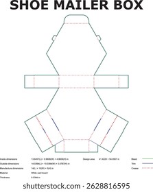 Detailed technical illustration of a shoe mailer box template with measurements and design specifications for packaging.