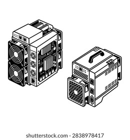 Detailed technical illustration of two server units, showcasing internal components like fans, circuit boards, and power supplies.