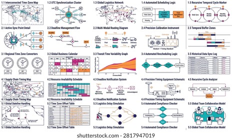 A detailed technical infographic collection illustrating global logistics networks, time zone mapping, automated scheduling logic, and supply chain timing frameworks. Ideal for operational planning presentations, logistics management manuals, and supply chain optimization projects.A detailed technical infographic collection illustrating global logistics networks, time zone mapping, automated scheduling logic, and supply chain timing frameworks. Ideal for operational planning presentations, logistics management manuals, and supply chain optimization projects.