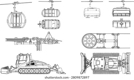 Detailed technical line art drawings featuring ski resort machinery including cable cars, chairlifts, and a snow groomer from multiple perspectives. These blueprints are ideal for engineering presentations, architectural planning, and educational materials regarding winter sports infrastructure.
