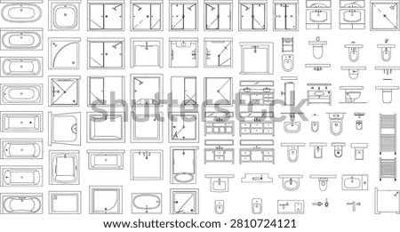 A detailed technical line drawing collection featuring bathroom fixtures including bathtubs, shower enclosures, sinks, toilets, and vanities in top view perspective, ideal for architectural and interior design floor plans. This vector illustration set is well suited for CAD drawings, construction blueprints, and commercial bathroom design projects.
