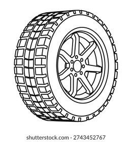 A detailed technical line drawing of a rugged all terrain tire mounted on a sturdy five spoke wheel showcasing deep tread patterns for enhanced grip and durability in off road conditions
