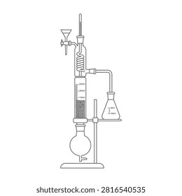 A detailed technical schematic of a fractional distillation setup used in chemistry laboratories. Features glassware, a condenser, flask, and support stand setup.