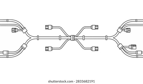 Detailed technical vector illustration of an electrical wire harness and cable assembly schematic with multiple connectors and branching wires shown in black line art on a white background.