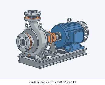 Detailed technical vector illustration of a heavy-duty industrial centrifugal water pump connected to an electric motor.