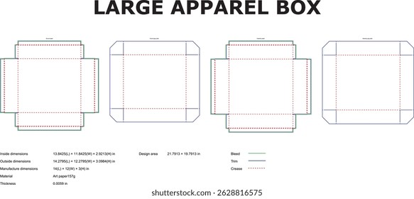 Detailed technical vector illustration showcasing apparel box die cut template with dimensions for clothing packaging purposes