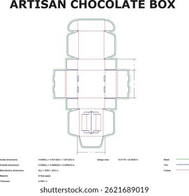 Detailed template for a custom artisan chocolate box with precise dimensions and design outlines suitable for manufacturing.