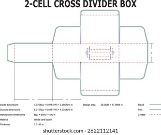 Detailed template diagram of a two cell cross divider box showing precise dimensions for packaging and manufacturing design.