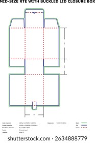 Detailed template layout of mid size rte box with buckled lid closure for packaging design