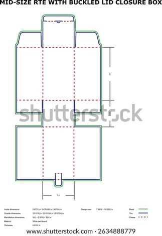 Detailed template layout of mid size rte box with buckled lid closure for packaging design