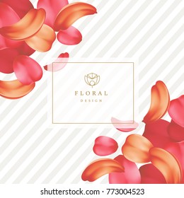 Detailed tender petals of roses or sakura with a frame. Romantic flower composition. Floral design with logo. Geometric background. Invitation to the wedding, Valentine s Day card.