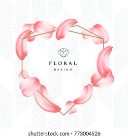 Detailed tender petals of roses or sakura with a frame. Romantic flower composition. Floral design with logo. Geometric background. Invitation to the wedding, Valentine s Day card.