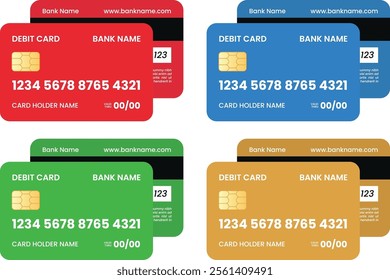 Detailed Text Debit Card with Front and Bottom View with Red Blue Green Gold Colors