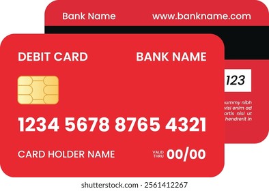 Detailed Text Red Debit Card with Front and Bottom View