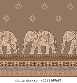 A detailed Thai elephant design featuring earth-tone hues on a dark brown background, enhanced with traditional textile-style borders and symmetrical decorations. Ideal for use in cultural artwork.