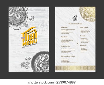 A detailed Thai menu design featuring classic Thai dishes, traditional decorative elements, and elegant typography.