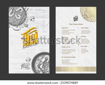 A detailed Thai menu design featuring classic Thai dishes, traditional decorative elements, and elegant typography.