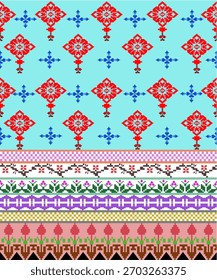 Un detallado patrón textil tribal tailandés creado en estilo pixel art, con motivos geométricos y rayas Horizontales multicolores. Conveniente para el diseño de la tela étnica, artesanías tradicionales, textiles digitales