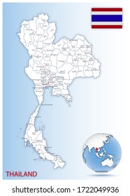 Detailed Thailand administrative map with country flag and location on a blue globe. Vector illustration