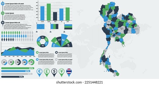 Mapa detallado de Tailandia con elementos infográficos. Ilustración vectorial.