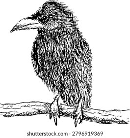 detailed and thick ink drawing of a crow