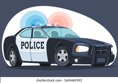 An detailed three-dimensional image of a police patrol car. Cars with emergency lighting system, the main device of the police, in a cartoon style. Side front view. Vector illustration