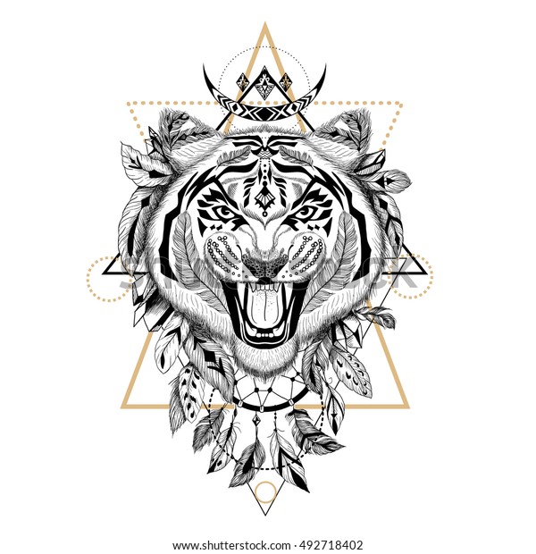 Detailed Tiger Aztec Style Stock Vector (Royalty Free) 492718402