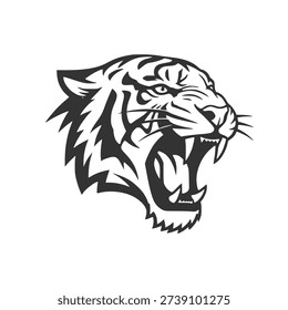 Detailed tiger head vector with aggressive roaring expression. High-contrast black and white illustration ideal for team logos and apparel print.