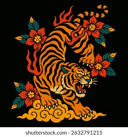 Detailed tiger illustration with flowers and cloud designs creating a unique graphic art piece Ideal for posters and apparel designs.