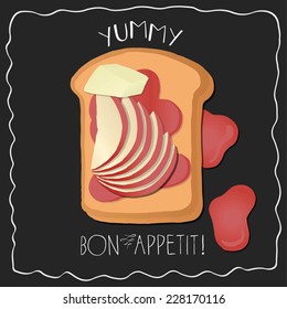 Detailed toasts icon. Apple slices, jam and butter.