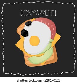 Detailed toasts icon. Avocado, salami egg and olives.