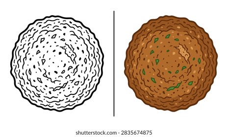 A detailed top down view of a round falafel patty shown as a black and white sketch and a textured brown colored version with green herb flecks